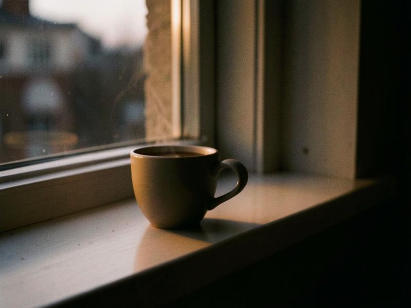 Coffee cup beside a windowsill at dusk